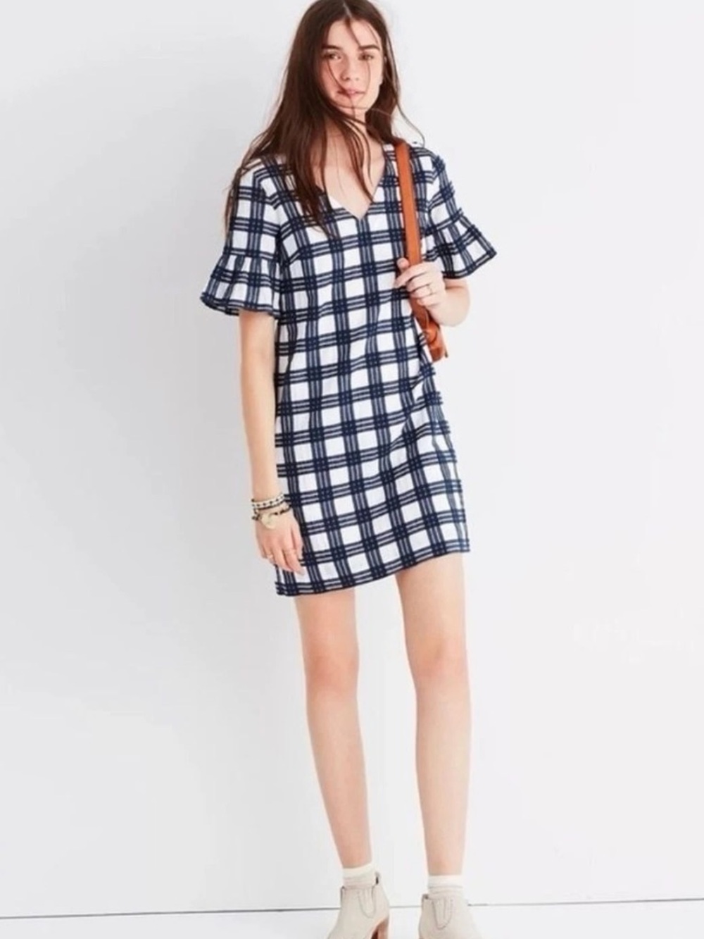 Madewell Navy and White Plaid V-Neck Short Dress size 6 euc